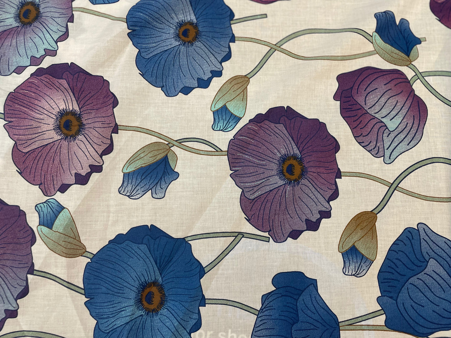 Lotus Floral Print Lightweight Cotton - White, Blue & Purple
