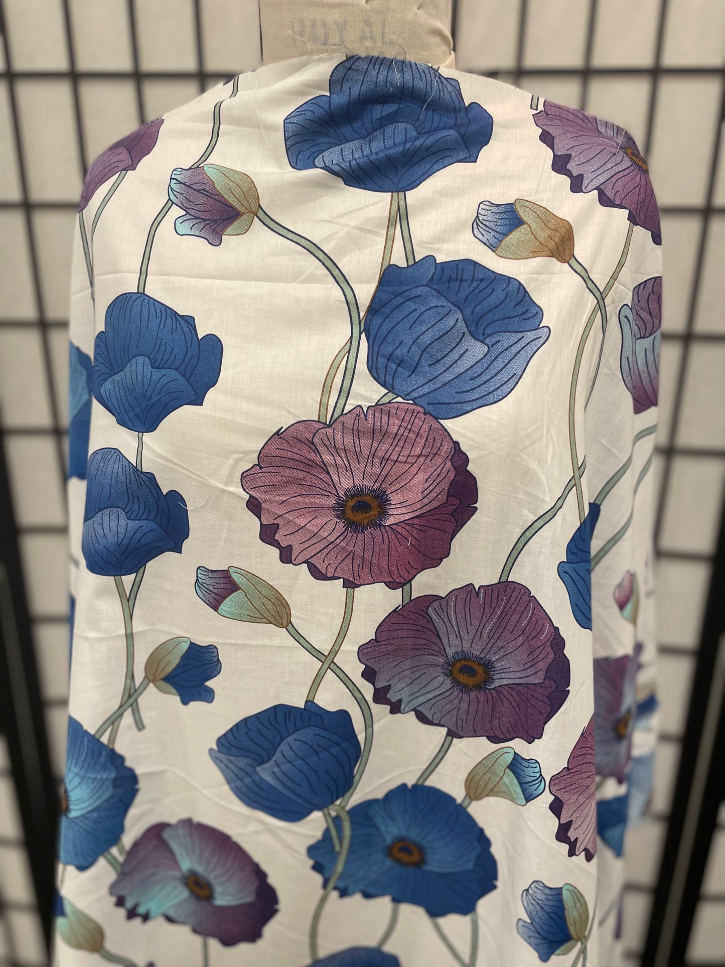 Lotus Floral Print Lightweight Cotton - White, Blue & Purple