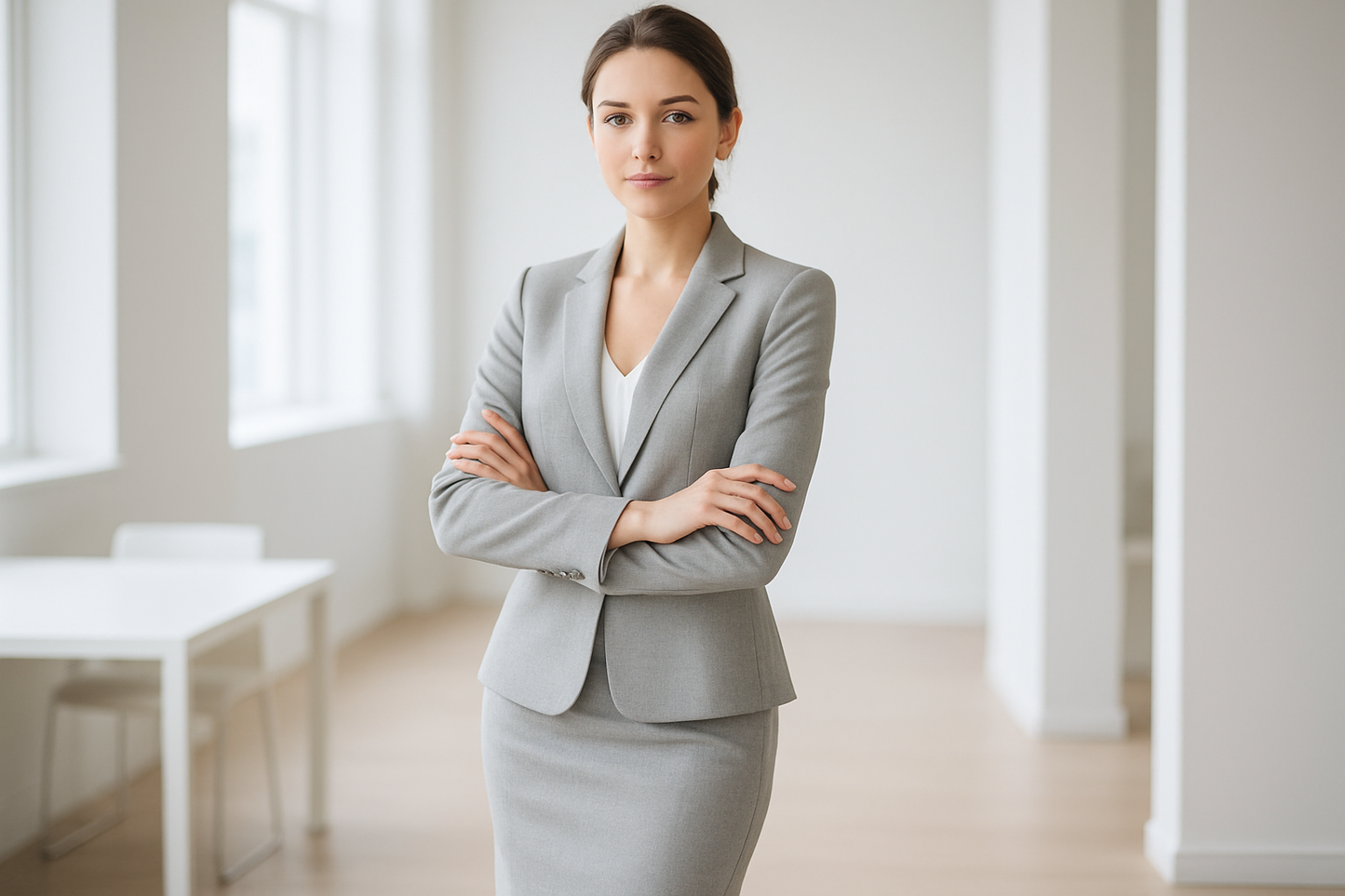 light grey skirt and suit jacket for young woman