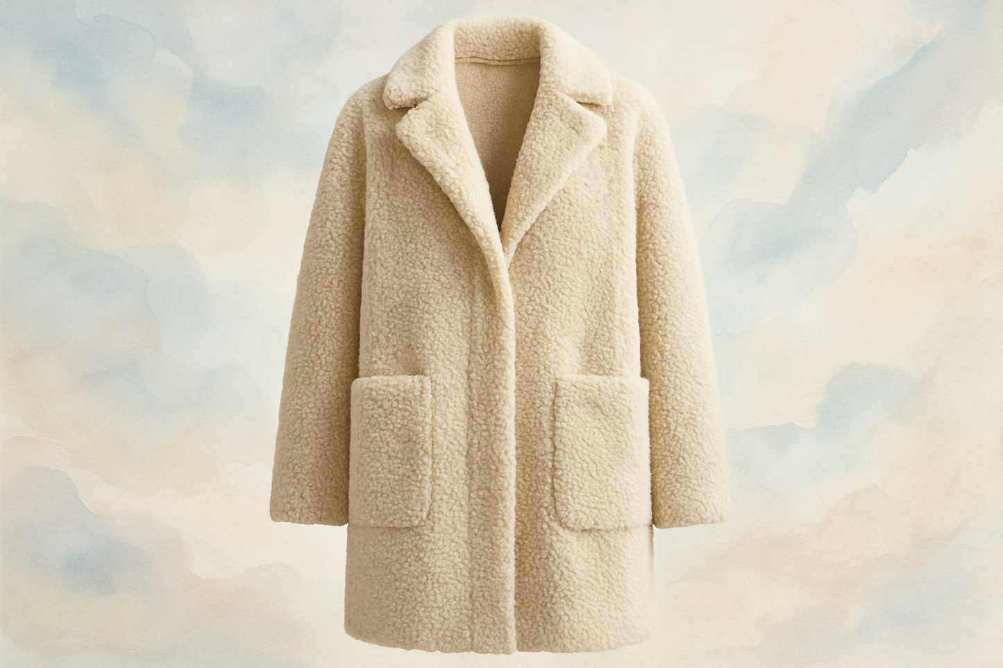 long jacket with Teddy Faux Sherpa Fur - Abstract Watercolor light background