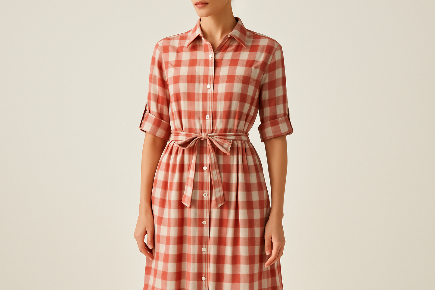 long shirt dress with detail for summer with Gingham Poly Cotton - Red & Off-White