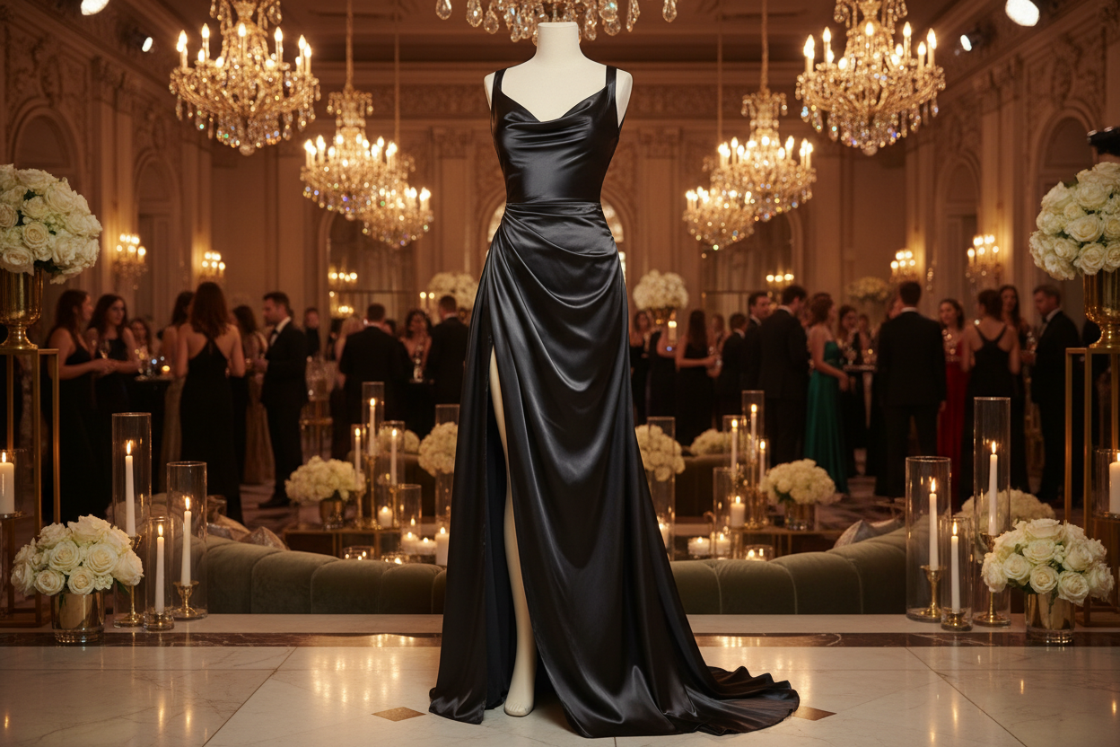 Lovely evening dress in party room Background with Stretch Silk Charmouse - Jet Black