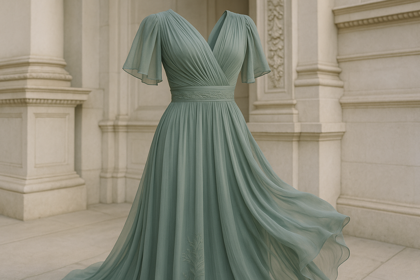 lovely fancy dress with detail in light background building with Silk Georgette in color muted dark green/blue