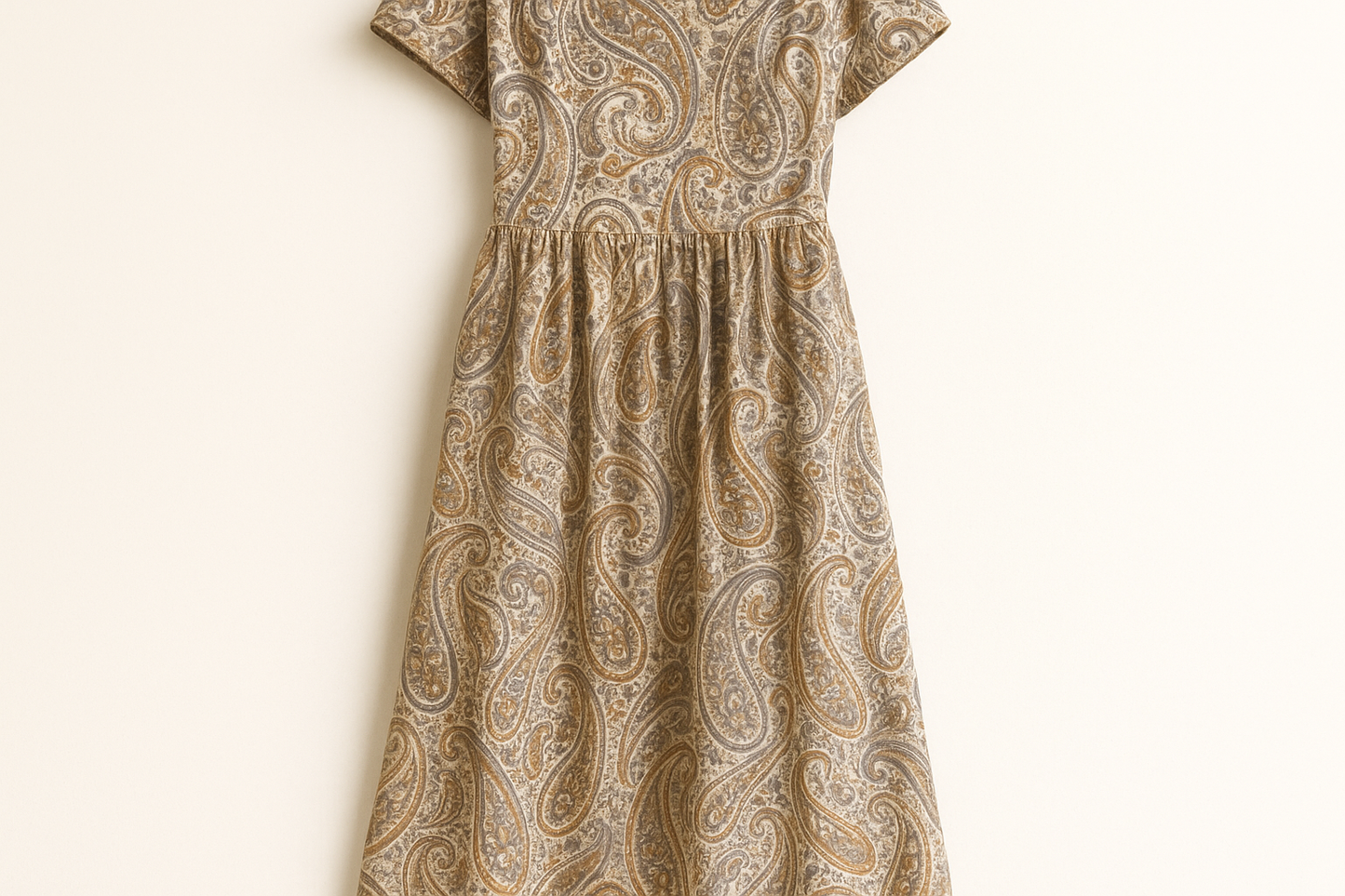 make a fall/summer cotton dress in a beige, white, grey and brown paisley pattern