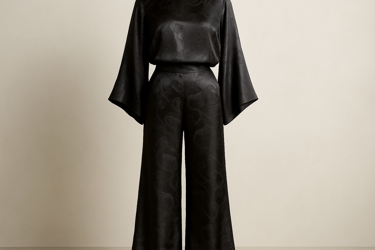 Make a silky pair of pants with a matching top set in this black-on-black equestrian inspired brocade fabric