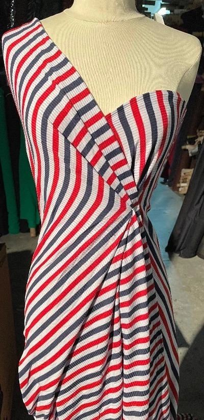 Stripe Ribbed Poly/Rayon Knit- Navy/Red/Off White