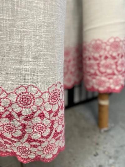 Embroidered Border & Textured Cotton - Ivory/Fuchsia