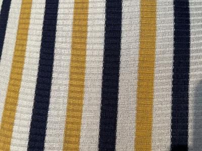 Stripe Ribbed Poly/Rayon Knit- Navy/Mustard/Off White
