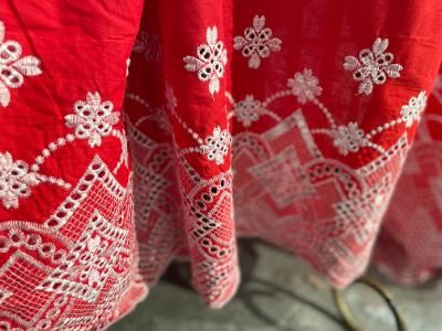 Embroidered Border Cotton Voile - Scarlet Red / White