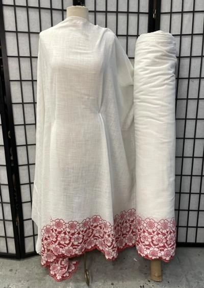 Embroidered Border & Textured Cotton - Ivory/Red