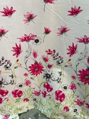 Cotton Double Border Floral Print- White/ Green / Fuchsia
