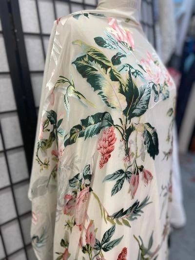 Floral Print Burnout Chiffon- White / Green / Pink