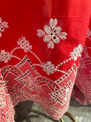 Embroidered Border Cotton Voile - Scarlet Red / White
