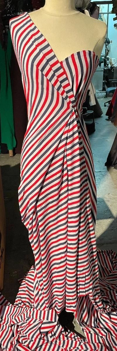 Stripe Ribbed Poly/Rayon Knit- Navy/Red/Off White