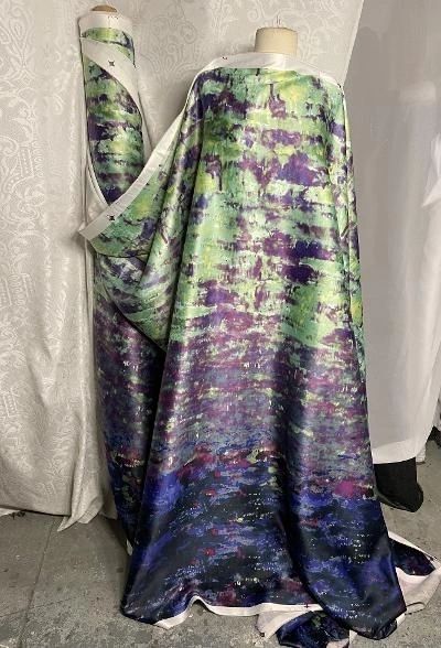 Fancy Print Stretch Poly Satin - Purple / Green / Black