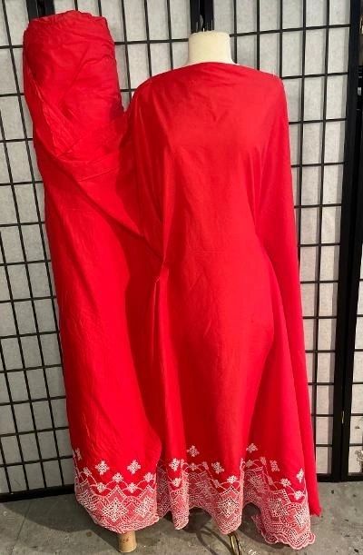 Embroidered Border Cotton Voile - Scarlet Red / White