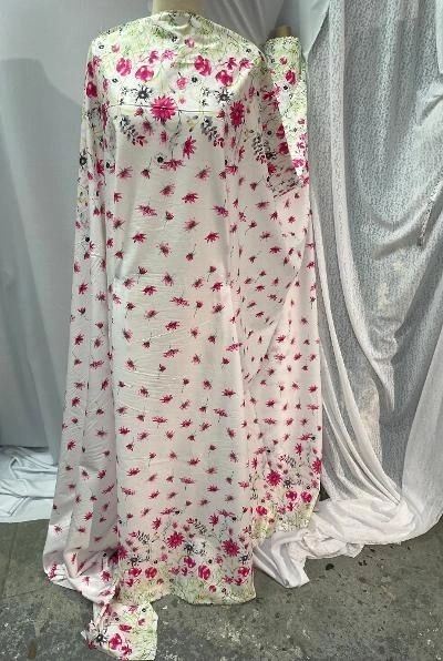 Cotton Double Border Floral Print- White/ Green / Fuchsia