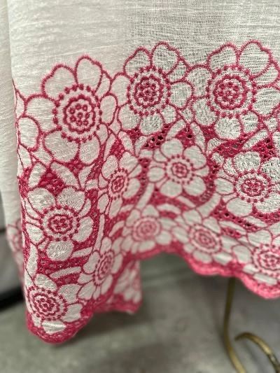 Embroidered Border & Textured Cotton - Ivory/Fuchsia