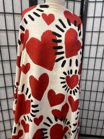Beating Heart Linen Rayon: Black/Red/White