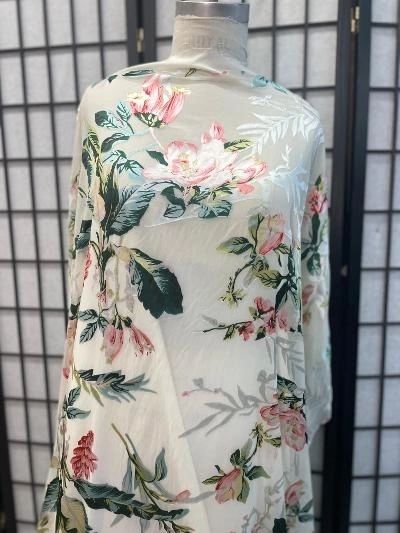 Floral Print Burnout Chiffon- White / Green / Pink