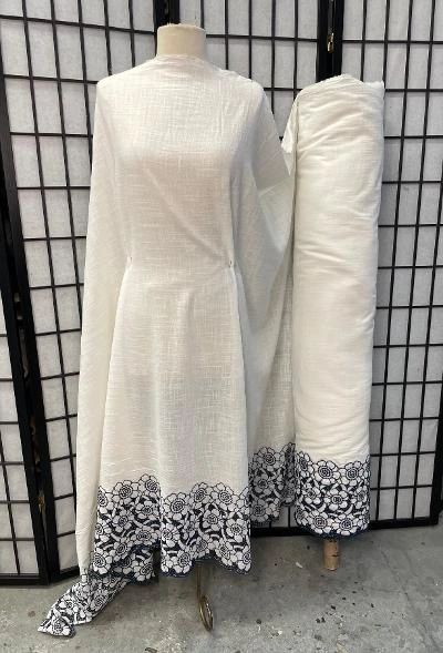 Embroidered Border & Textured Cotton - Ivory/Navy
