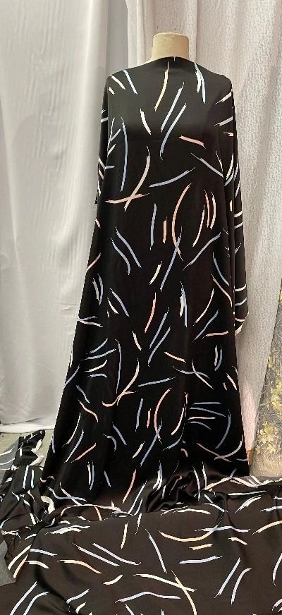Italian Rayon Satin Print - Black, Pastel Blue, White