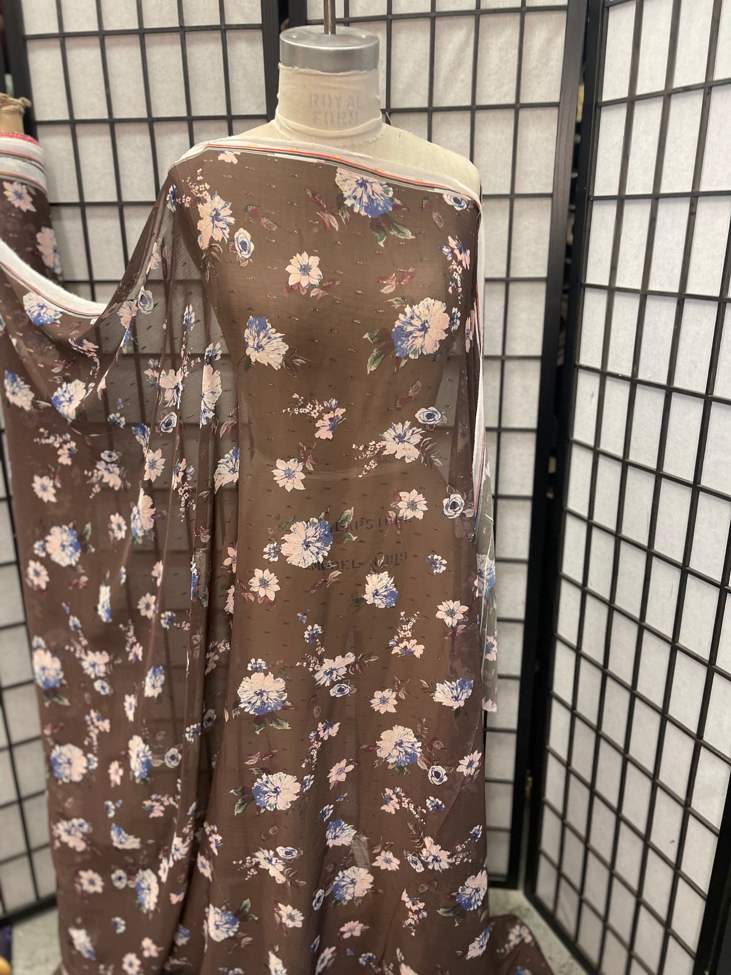 Floral Poly Chiffon - Brown, Pink, Blue and Gold