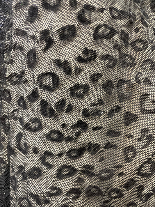 Cheetah Print Poly Burnout Mesh - Black
