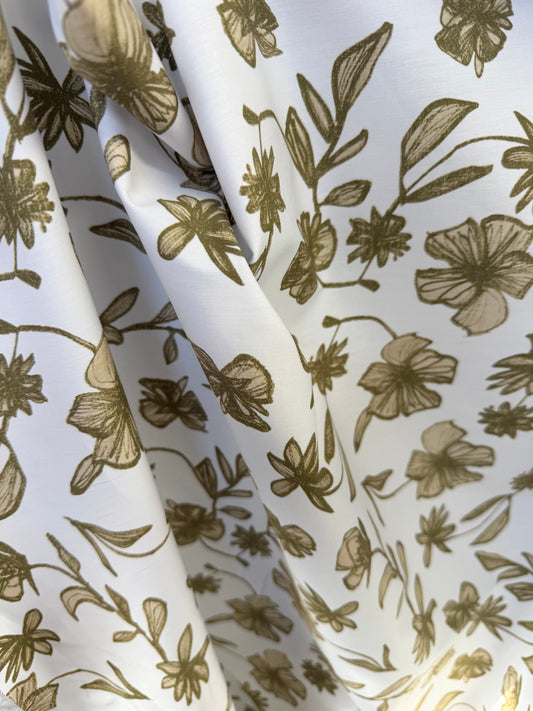 Italian Floral Printed Cotton - White, Olive & Beige