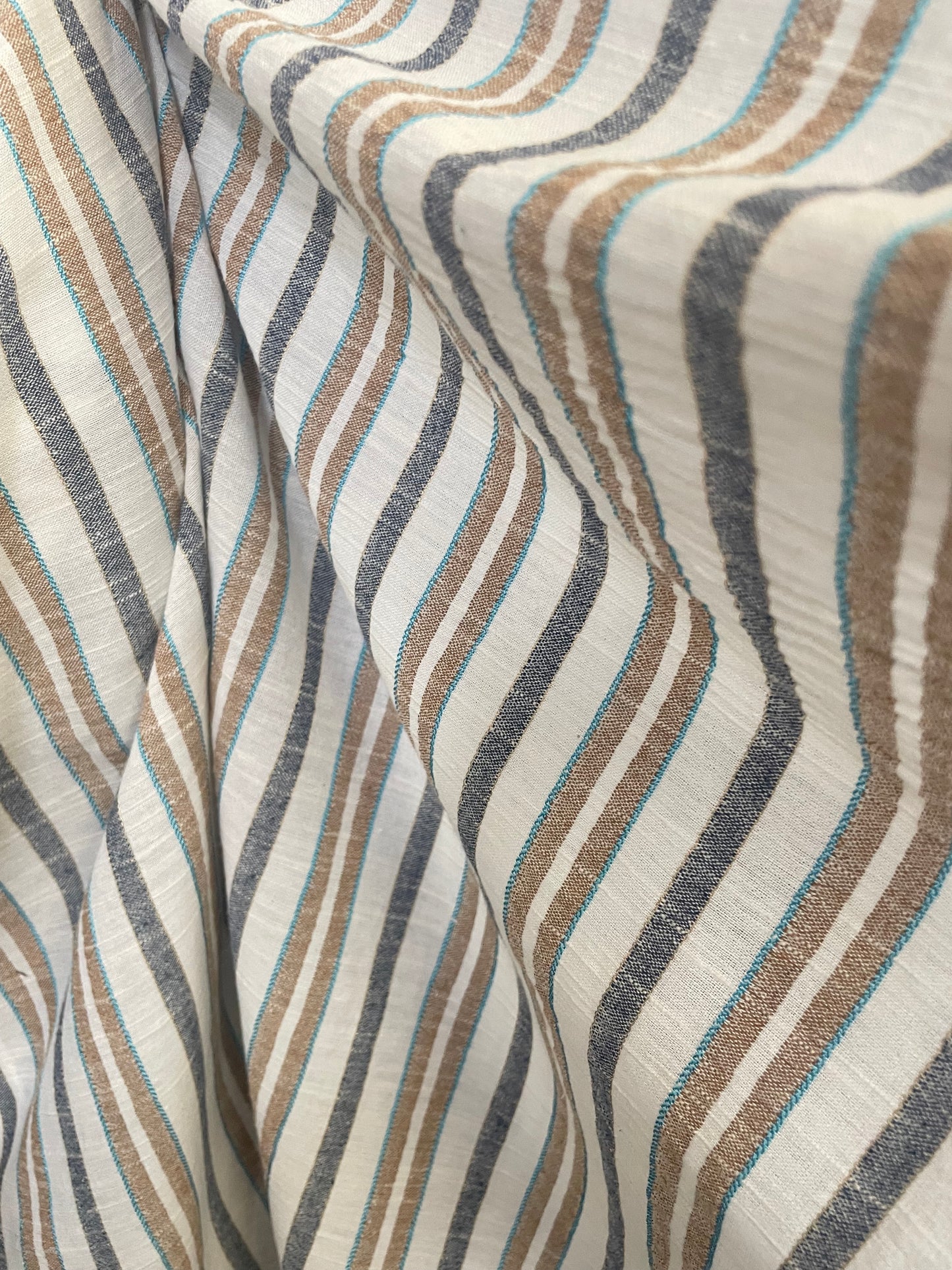 Textured Stripe Cotton & Linen Blend - Off-White & Tan, Turquoise & Gold Lurex