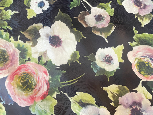 Italian Moire Floral Printed Organza - Black, Pink & Green
