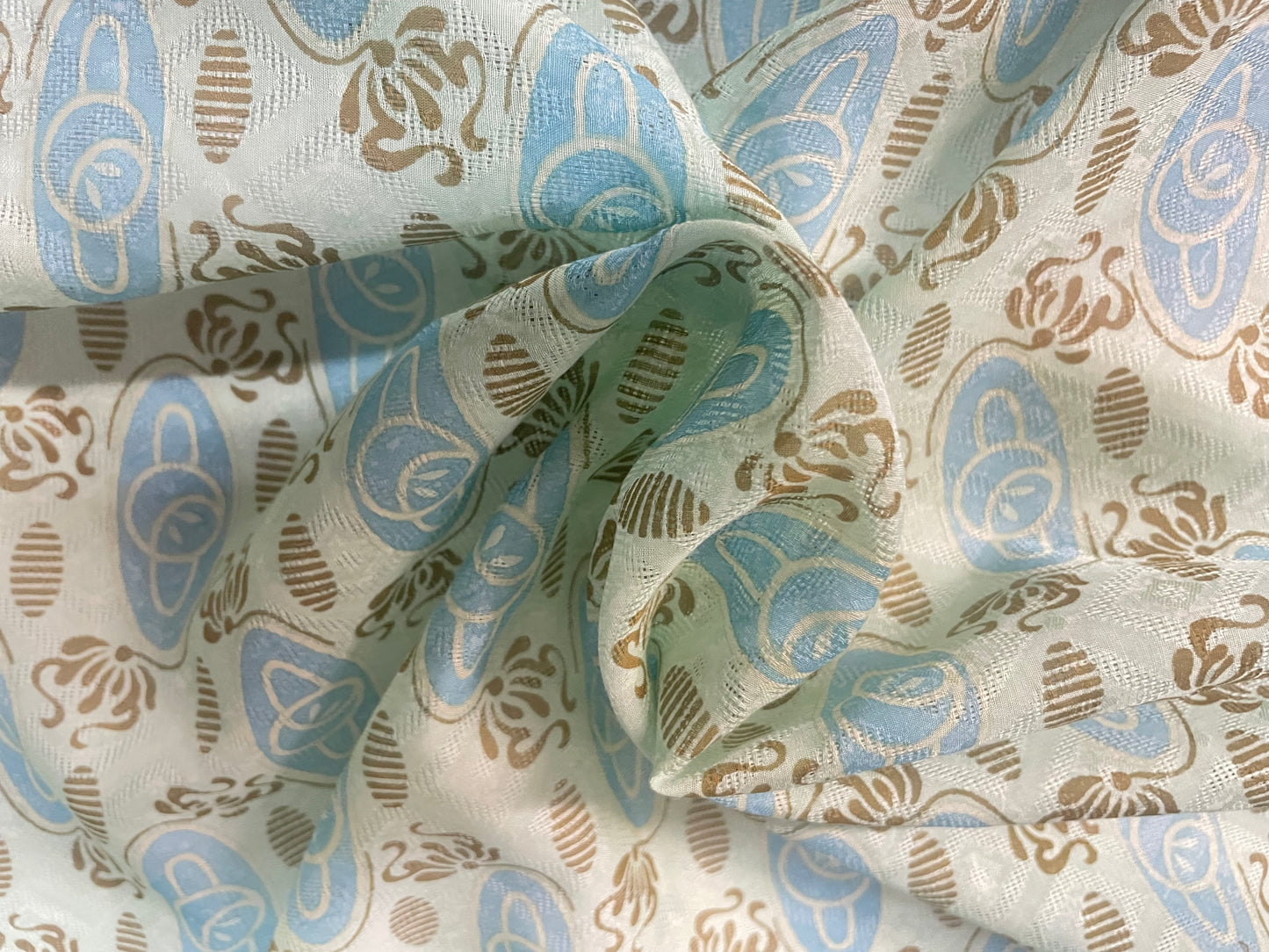 Nouveau Printed Silk Jacquard - Mint, Blue & Brown