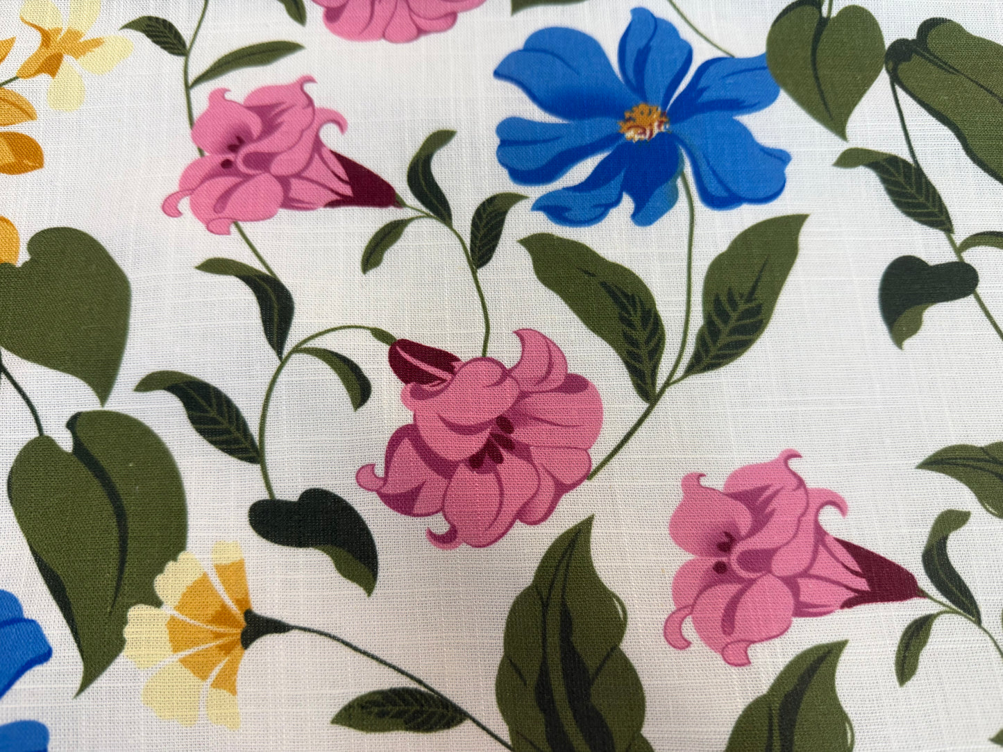 Linen Rayon Floral Print - White, Pink, Blue, Yellow & Green