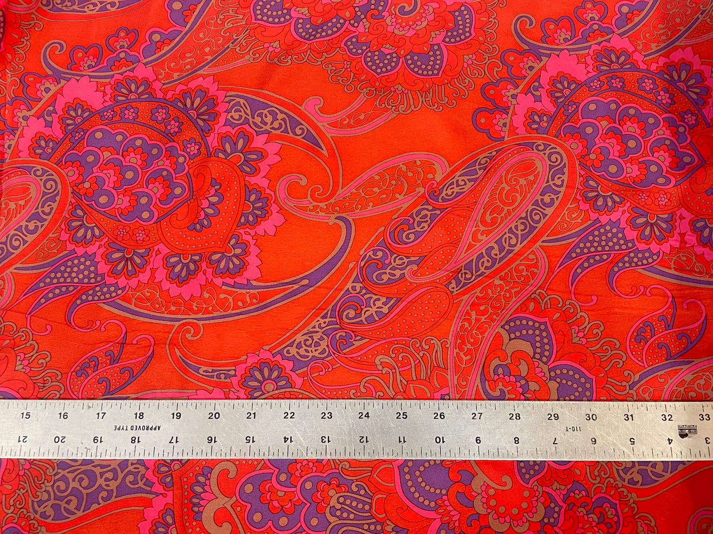 Printed Silk Crepe De Chine - 60's Paisley - Orange, Coral & purple