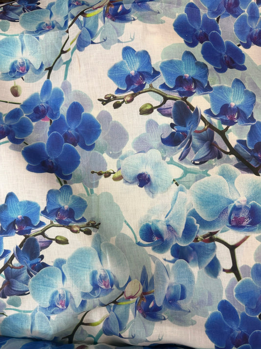 Printed Linen - Blue Orchids