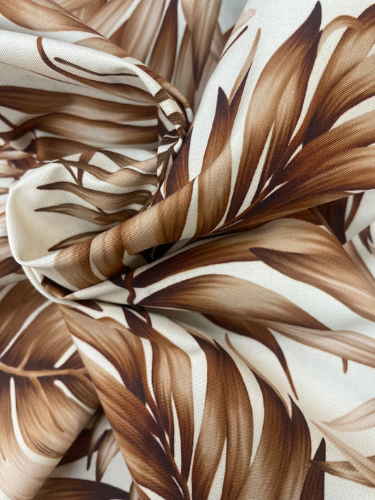 Tropical Leaf Print Cotton Satin - Brown & Off-White