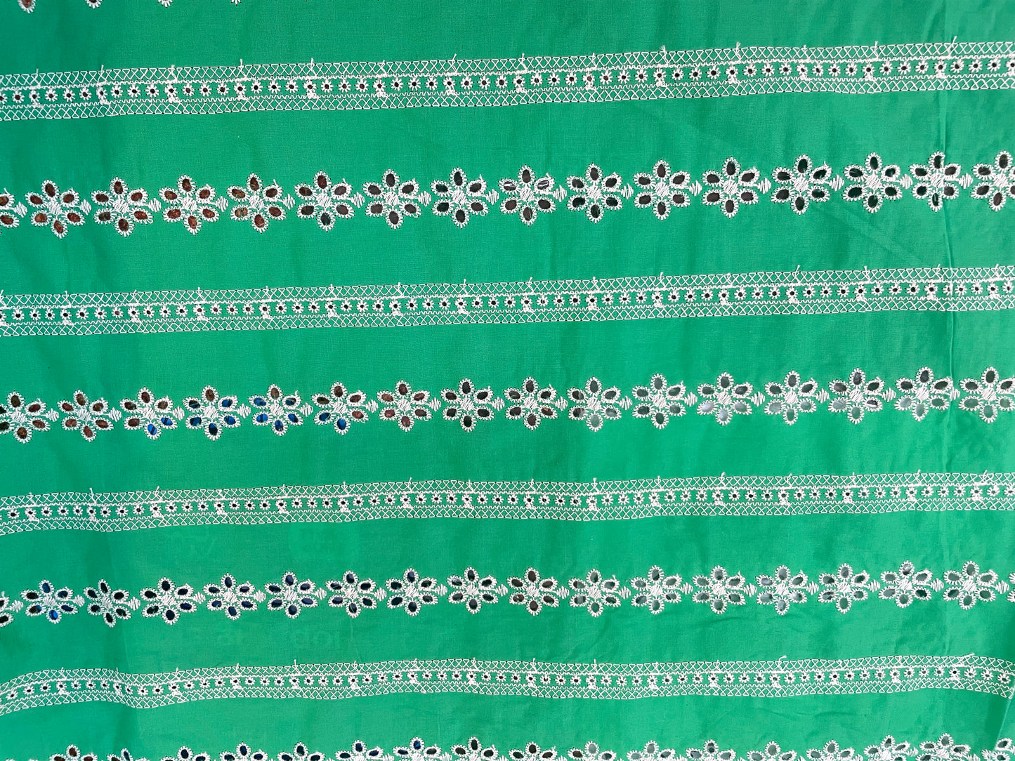 Eyelet Floral Stripe Embroidered Cotton - Green & White