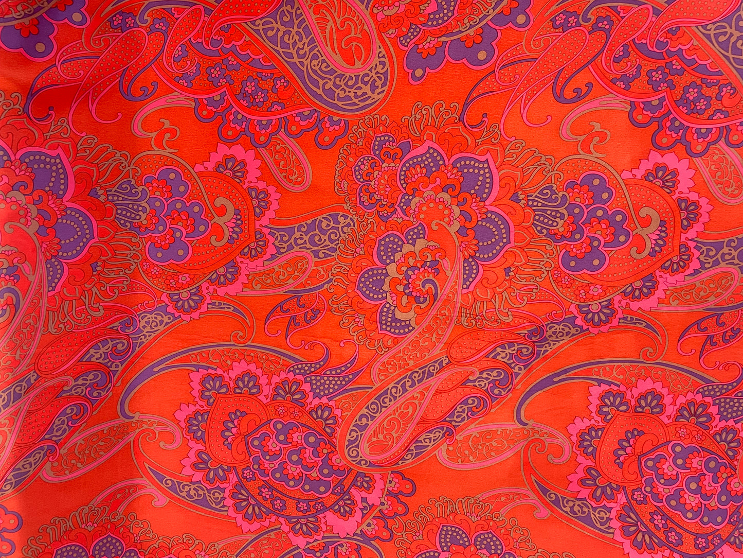 Printed Silk Crepe De Chine - 60's Paisley - Orange, Coral & purple