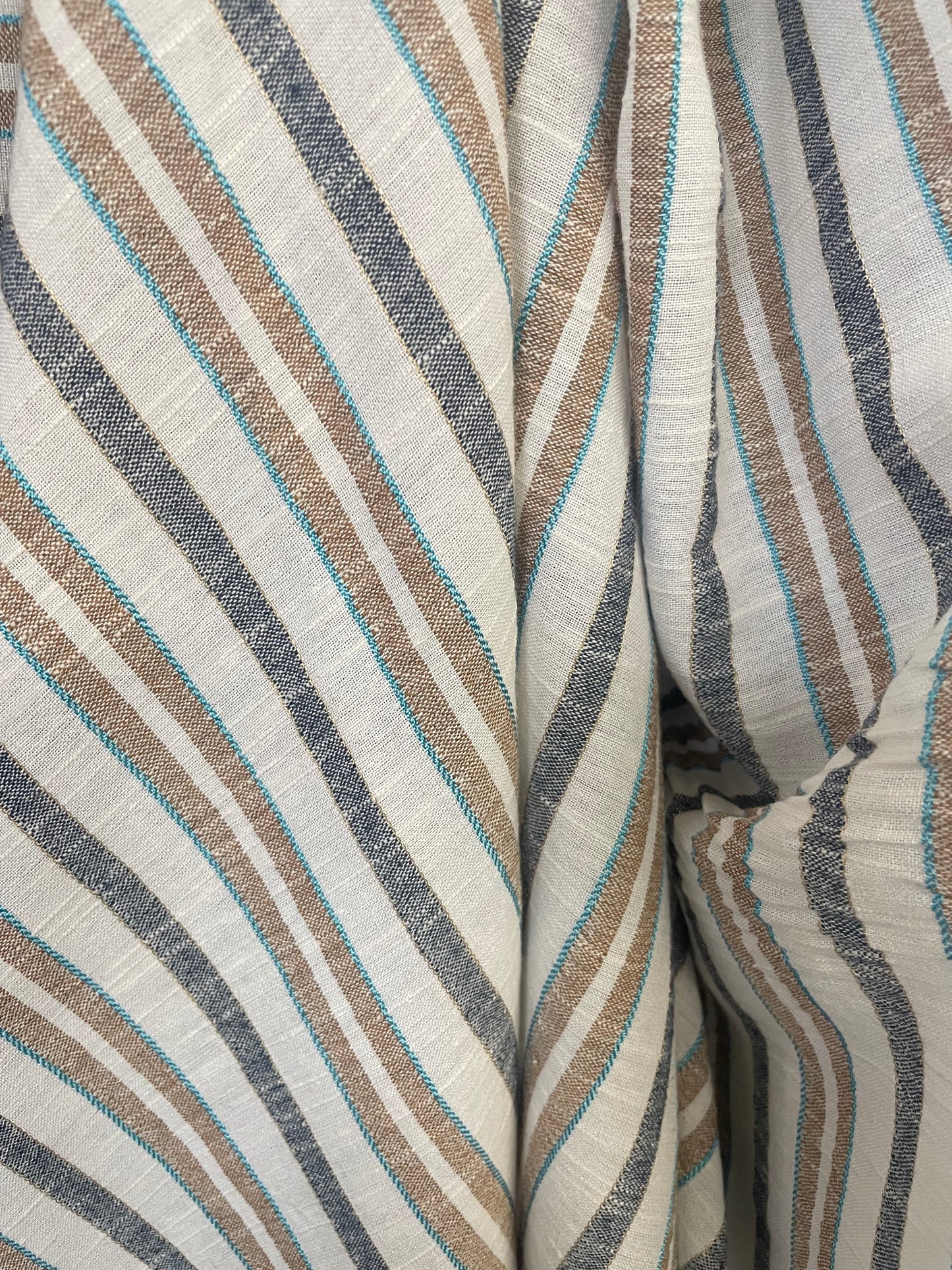 Textured Stripe Cotton & Linen Blend - Off-White & Tan, Turquoise & Gold Lurex
