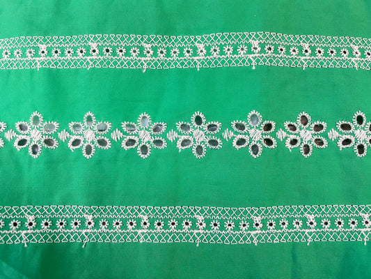 Eyelet Floral Stripe Embroidered Cotton - Green & White