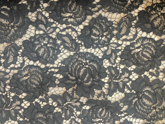 Lightweight Scalloped Black Corded Lace - Black Floral