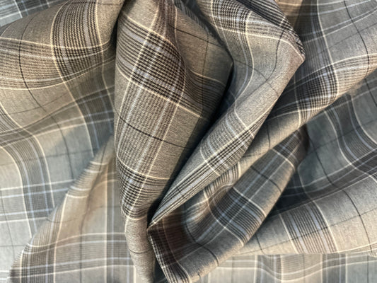 Stretch Plaid Tropical Wool Suiting - Grey, Blue & White