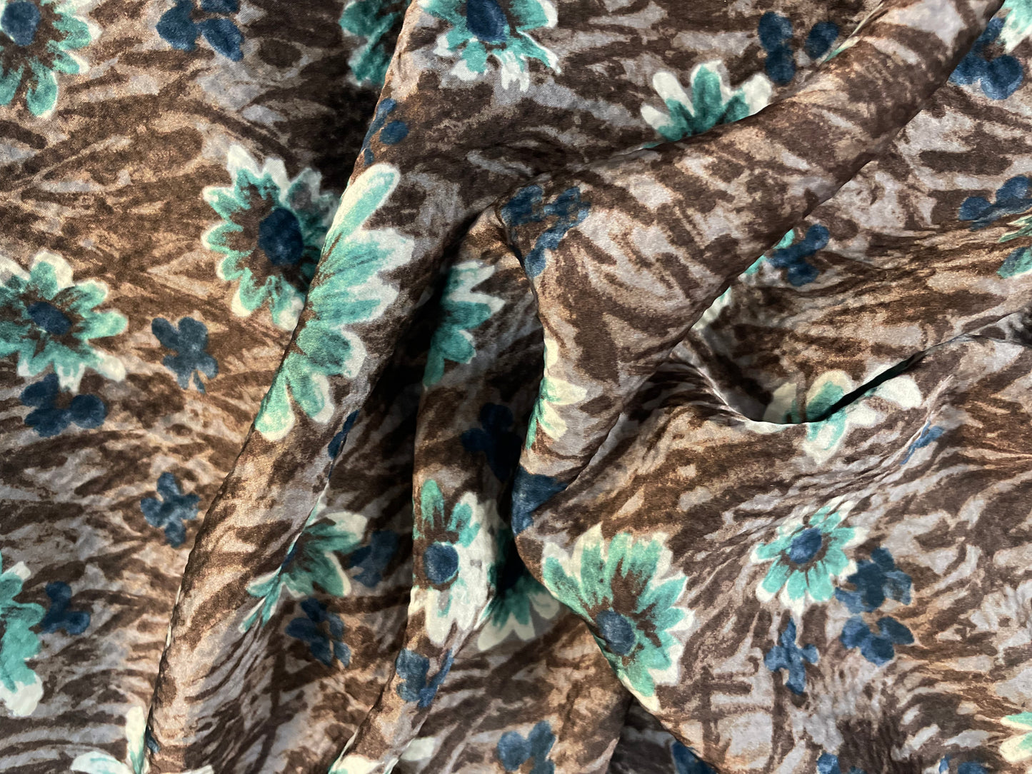 Floral Printed Hammered Silk Charmeuse - Brown, White, Blue