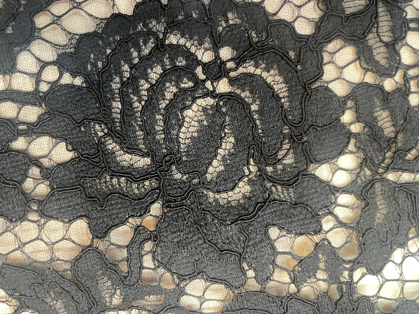 Lightweight Scalloped Black Corded Lace - Black Floral