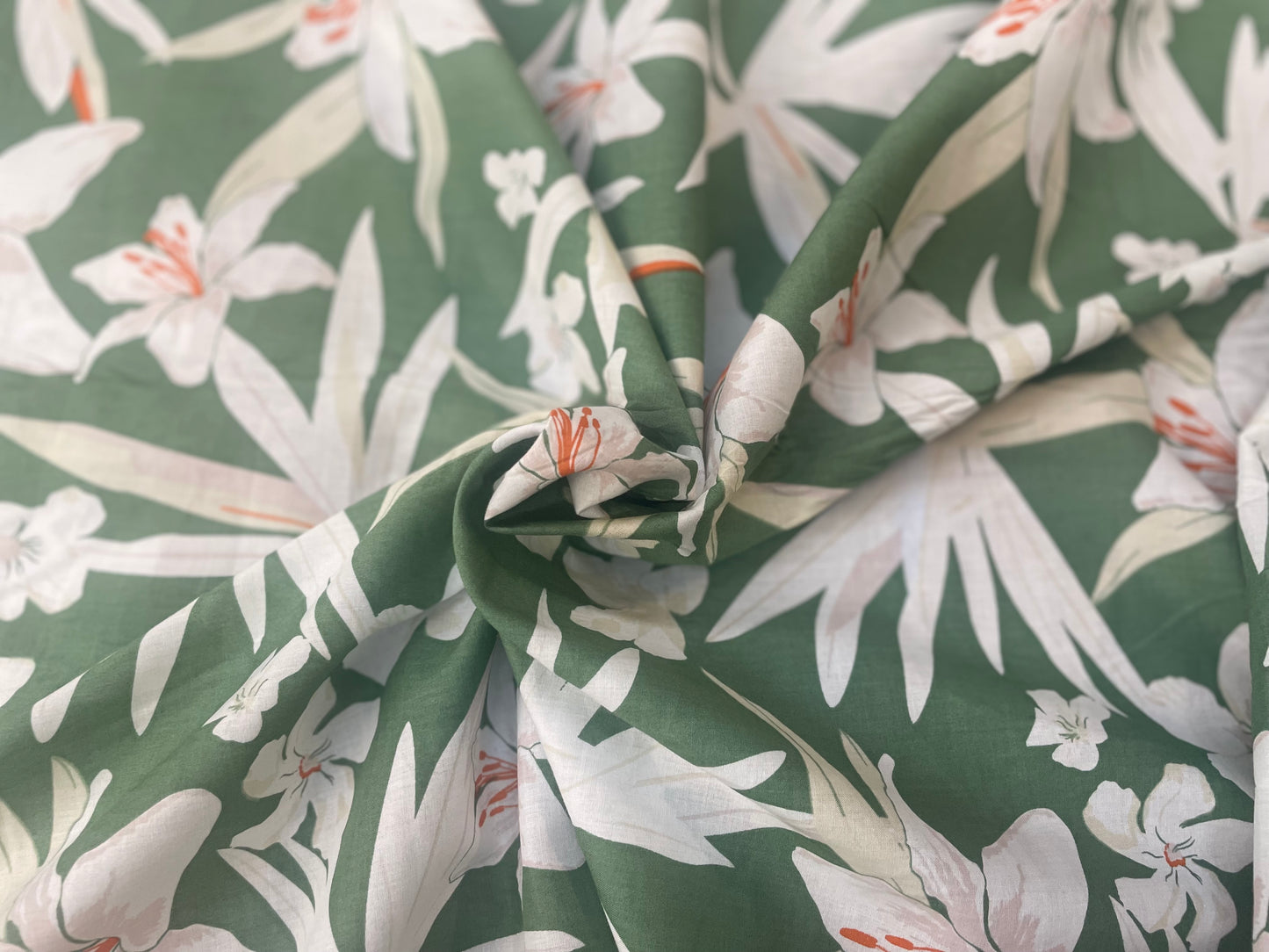 Floral Printed Lightweight Cotton - Green, White & Orange