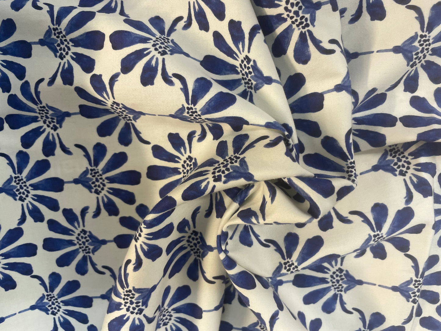 Stretch Cotton Satin Watercolor Floral Print- White and Blues