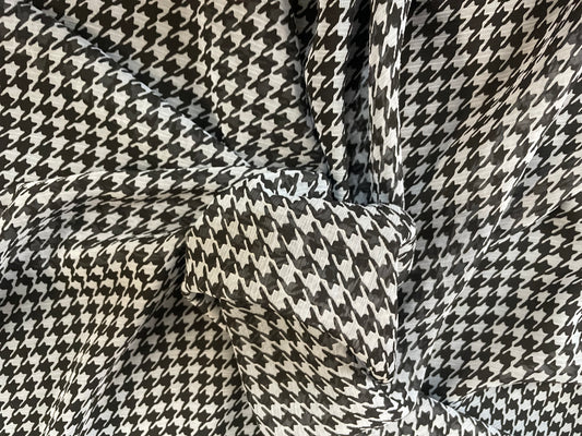 Houndstooth Printed Poly Crinkled Chiffon - Grey & Black