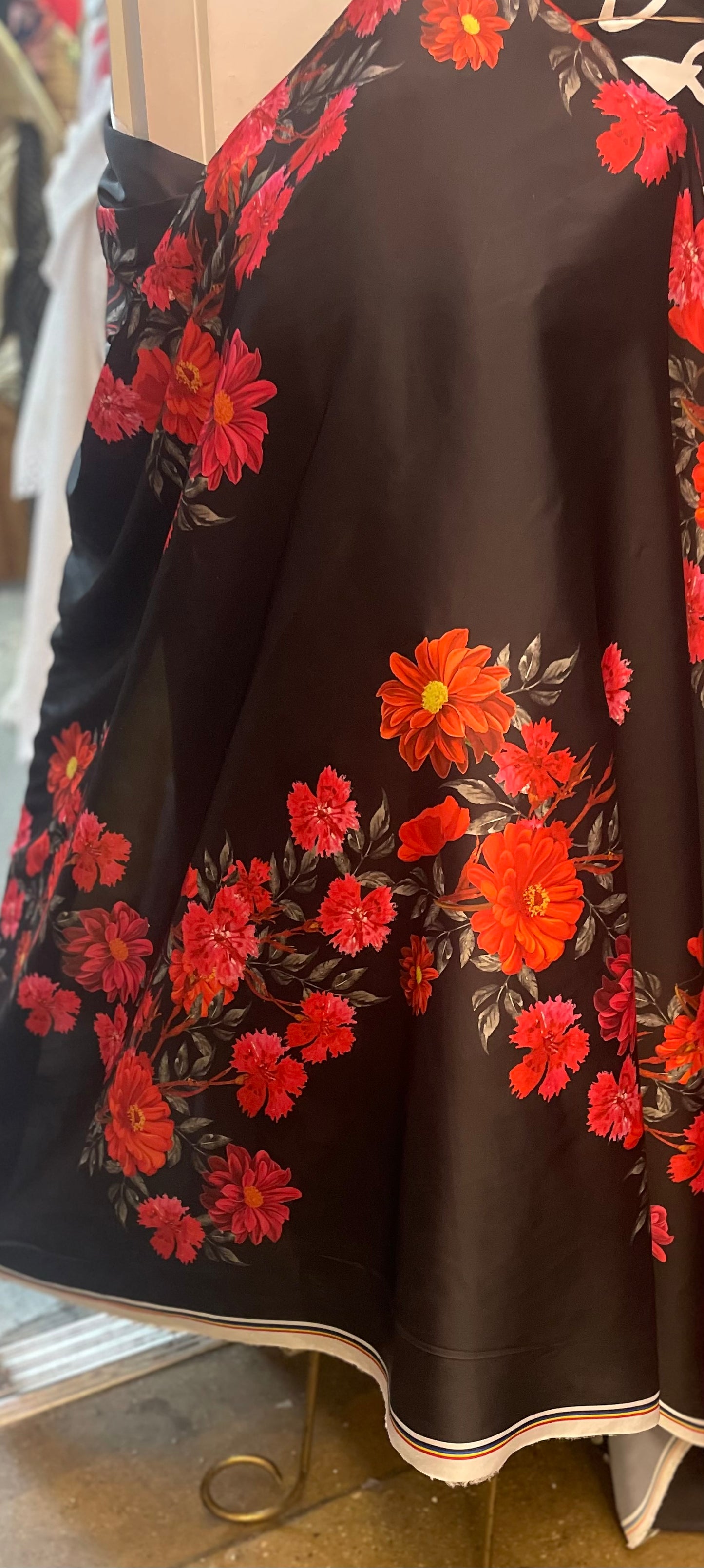 Romantic Floral Printed Poly Satin - Red, Black & Orange