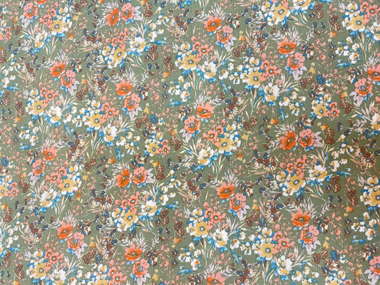 Textured Floral Print Lightweight Cotton - Green, Yellow, Orange & Blue