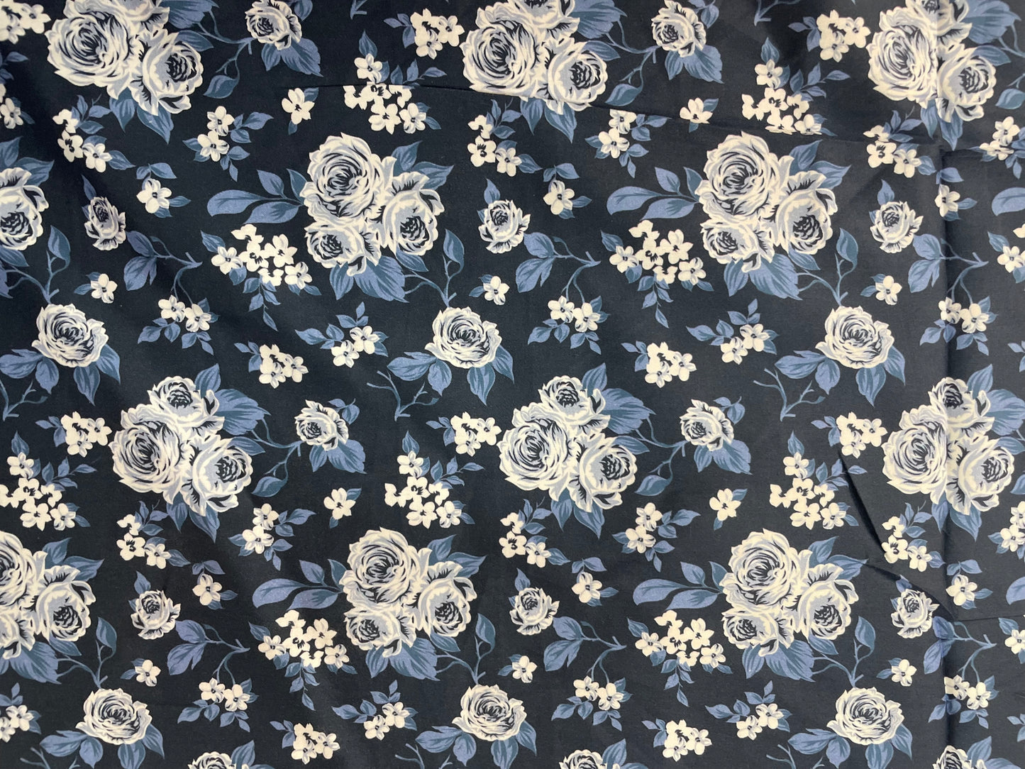 Floral Print Cotton Calico Satin Finish - Blue, Black & White